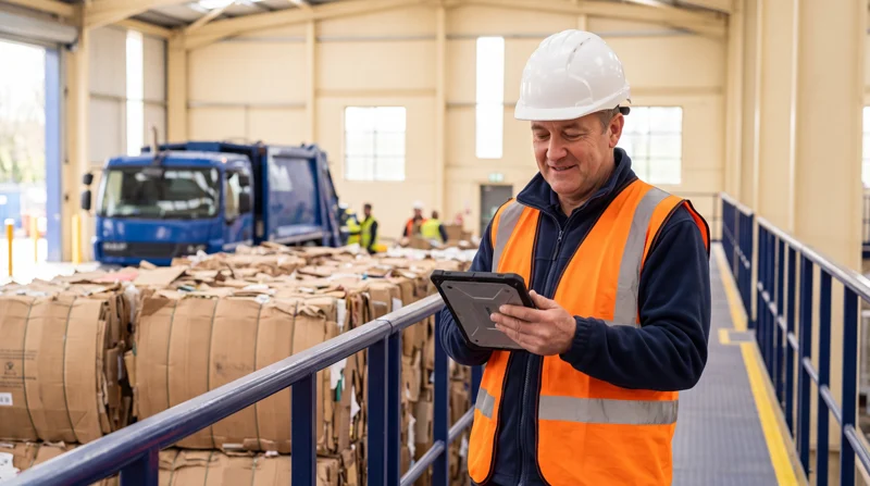 A site operator in a hi-vis vest checking a load on a rugged tablet beside baled cardboard in a recycling yard.
